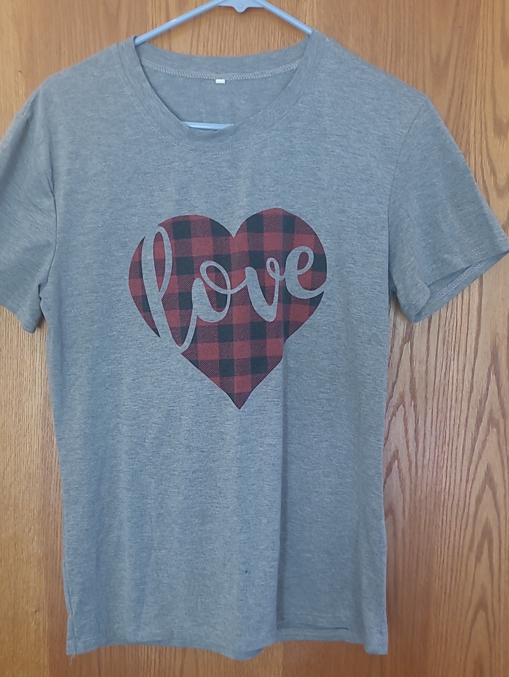 Womens Gray Tee with Red Buffalo Plaid Heart "Love"